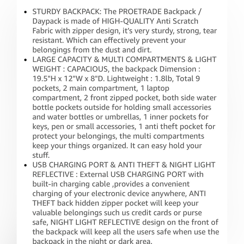 NWT ProEtrade backpack/book bag, fits laptop up to 15.6”, multi compartment,USB - Picture 5 of 7